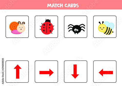 Educational worksheet for preschool kids. Match cards. Insects set. Spatial orientation for kids. 