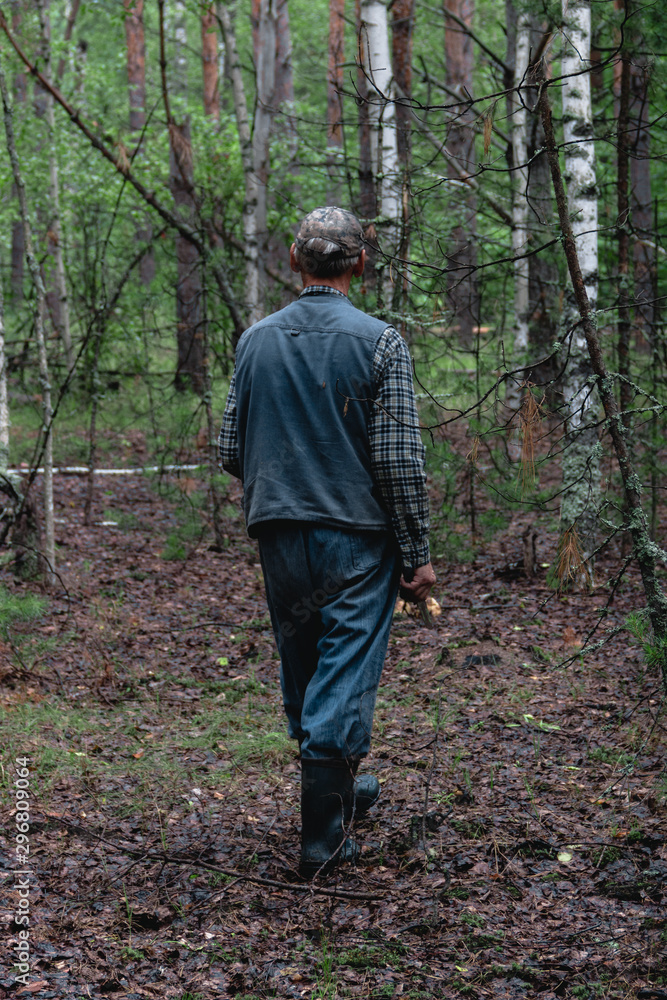 Man walking alone in magical dark green colored foggy wild forest landscape. Man walking alone in magical dark green colored foggy wild forest landscape.