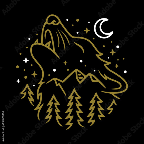 Animal Wolf Night Line Graphic Illustration Vector Art T-shirt Design