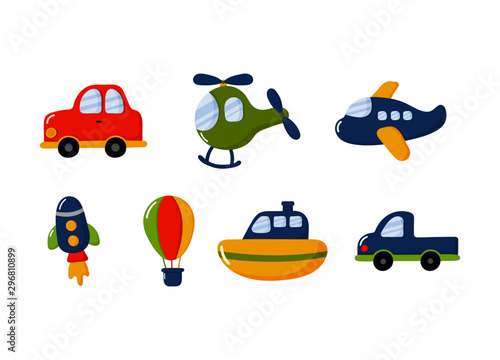 cartoon transport toys icon set. cars, boat, helicopter, rocket, balloon and plane isolated on white background. illustration vector.  