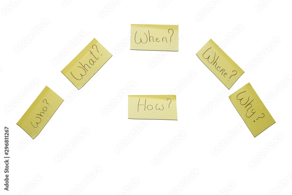 The 6 Ws who, what, when, where, why, how question on six sticky notes on textured desk wood isolated on white background The 6 Ws who, what, when, where, why, how question on six sticky notes on textured desk wood isolated on white background