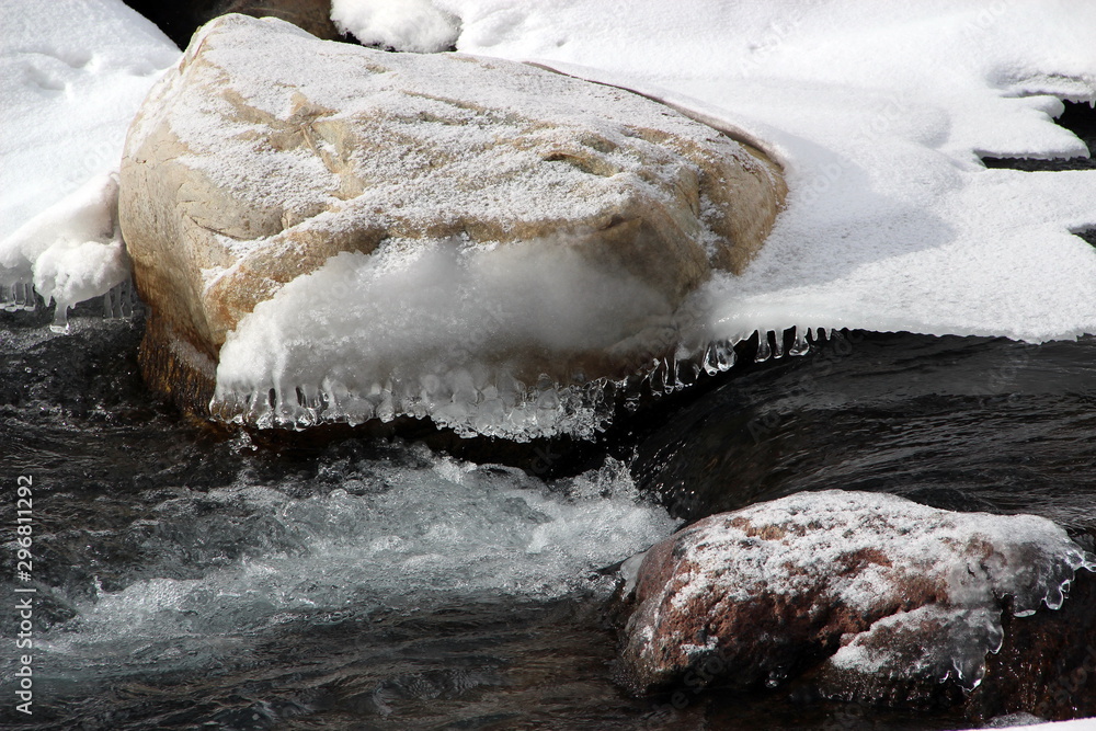 small fast mountain river winter snow on the shore