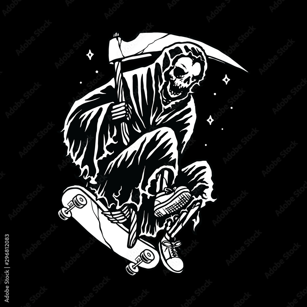 Skull Grim Reaper Skateboarding Line Graphic Illustration Vector Art  T-shirt Design Stock Vector | Adobe Stock