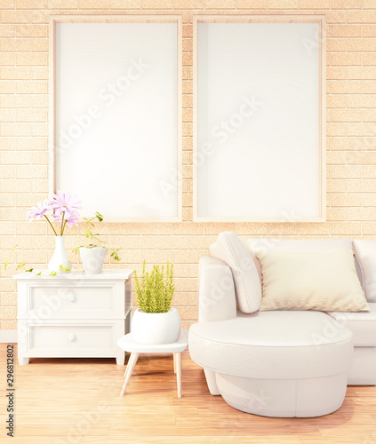 Mock up poster frame Yellow sofa on loft room interior design  brick wall design.3D rendering