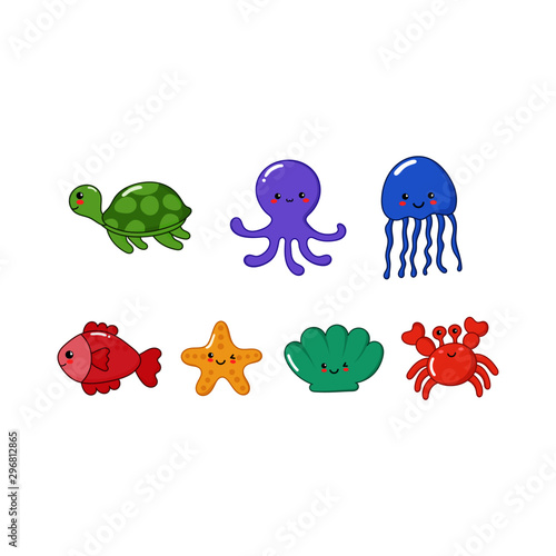 set of cute funny sea animals cartoon isolated on white background. illustration vector.  