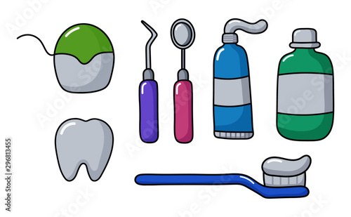 set of dentist equipment icons. cartoon style. isolated on white background. vector illustration.