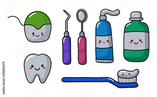 set of kawaii dentist equipment icons. cartoon style. isolated on white background. vector illustration.
