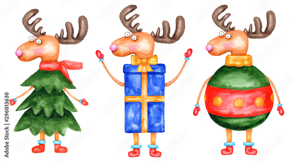 Christmas set of cute deer. Watercolor New Year reindeer. Deers - Christmas tree, toy, gift. Illustration isolated on a white background.