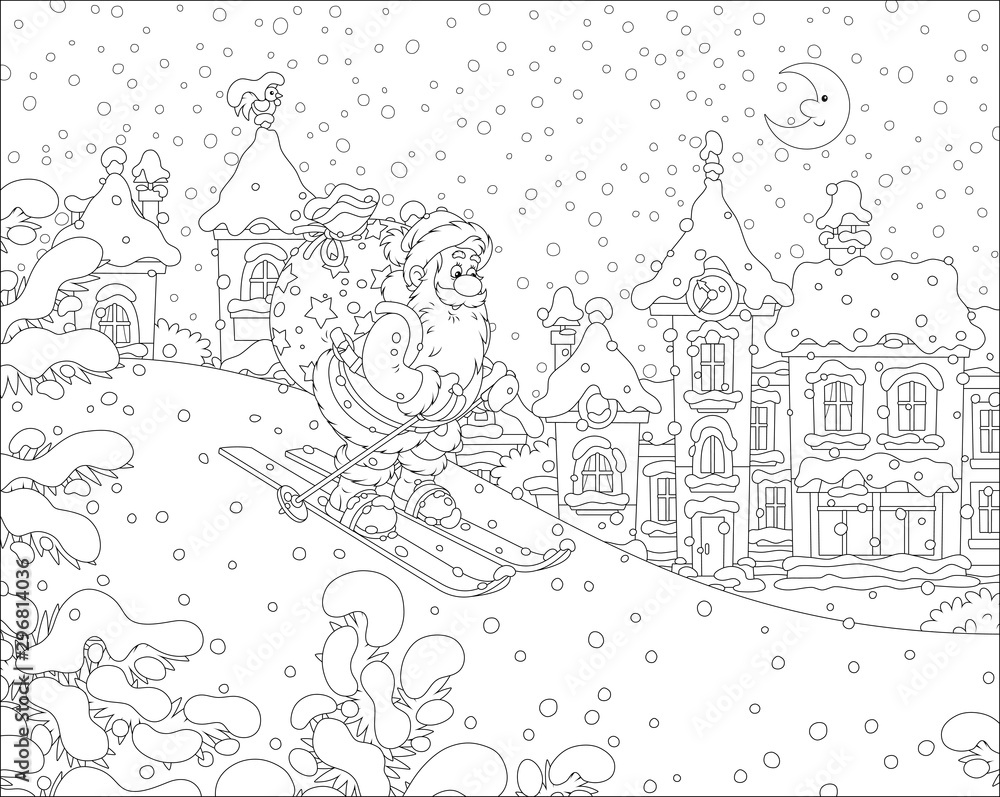The night before Christmas, Santa Claus with his big bag of gifts skiing down a snow hill to a small snow-covered town, black and white vector illustration in a cartoon style