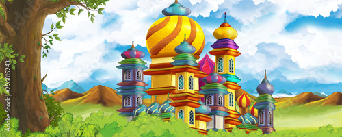 Cartoon nature scene with beautiful castle near the forest - illustration for the children