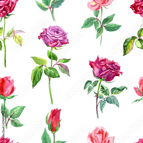 Seamless roses pattern on a white background, watercolor illustration, print for fabric, background for other designs.