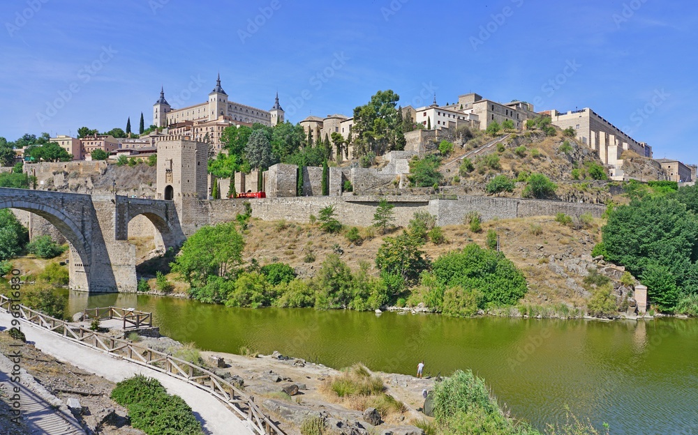 Panoramic view of the former Imperial City of Toledo, a UNESCO World Heritage site located on the Tagus River in Castile La Mancha, Spain