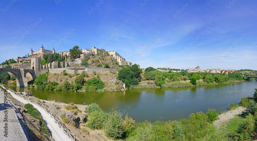 Panoramic view of the former Imperial City of Toledo, a UNESCO World Heritage site located on the Tagus River in Castile La Mancha, Spain