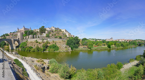 Panoramic view of the former Imperial City of Toledo  a UNESCO World Heritage site located on the Tagus River in Castile La Mancha  Spain