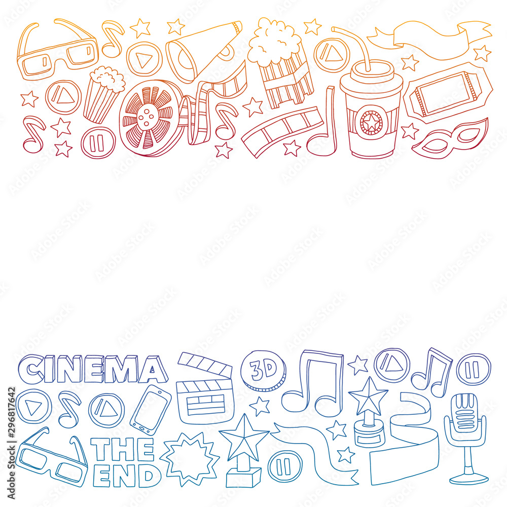 Cinema vector icons. Background with popcorn, movie illustration, musical notes.