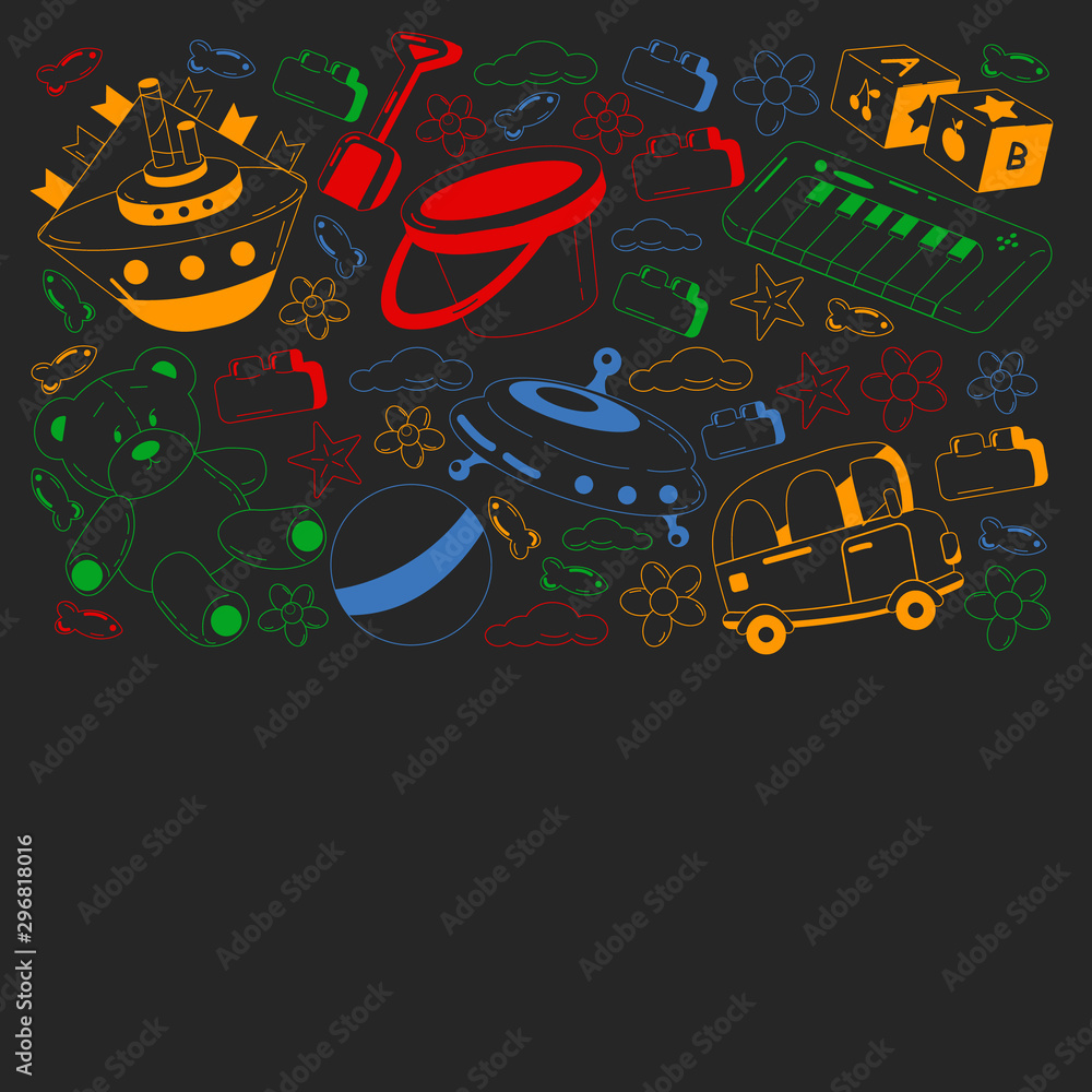 Kindergarten vector pattern with toys. Children play and grow together.