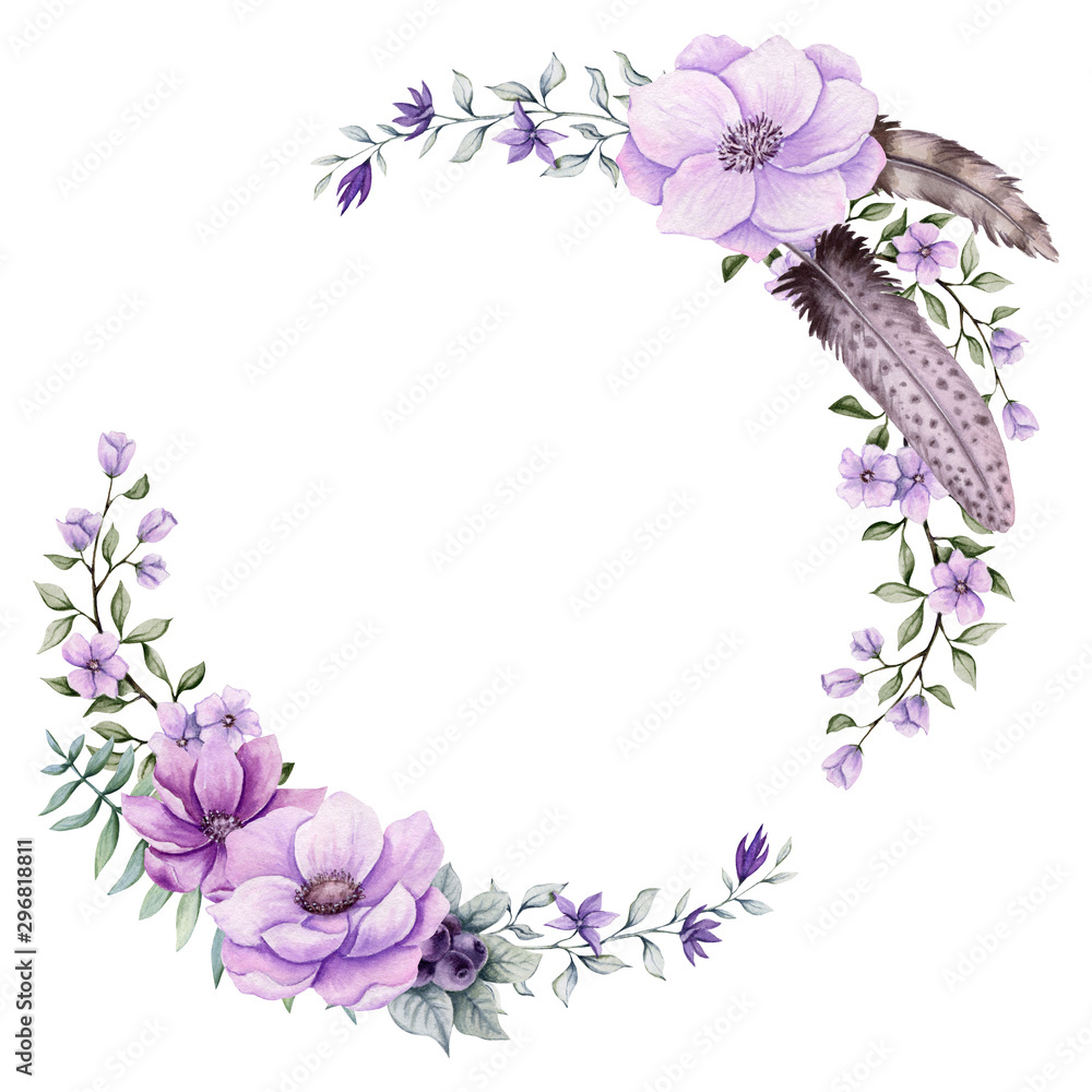 Wreath with Watercolor Flowers and Feathers