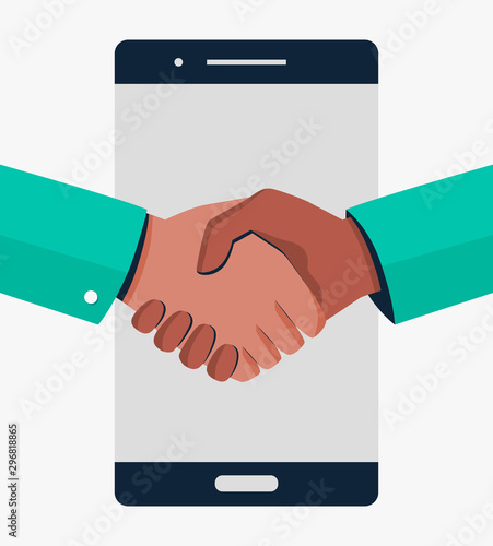 Business handshake vector illustration flat style. Online Communication, two business man handshake on mobile, Businesspersons shaking hands through display of a phone