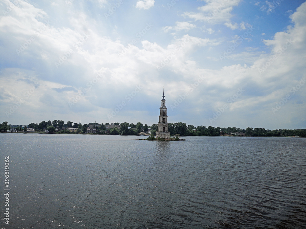 Volga river cruise bell tower of a flooded church