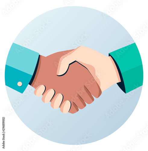 Colorful circle business handshake icon. Handshake of business partners. Business handshake. Successful deal. Vector flat style icon isolated on white background