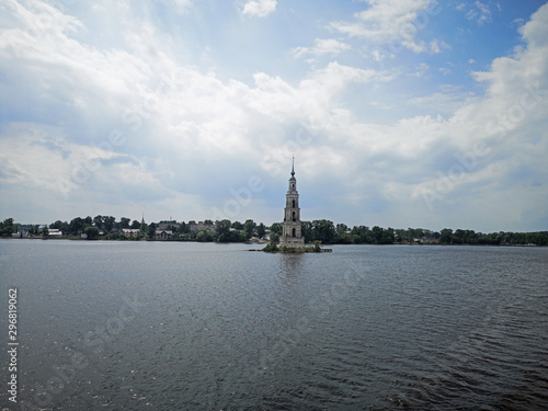 Volga river cruise bell tower of a flooded church