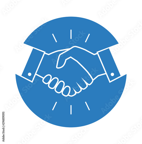 Circle blue business handshake icon. Handshake of business partners. Business handshake. Successful deal. Vector flat style illustration