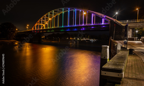 Bridge near Deventer over river IJssel in rainbow colors