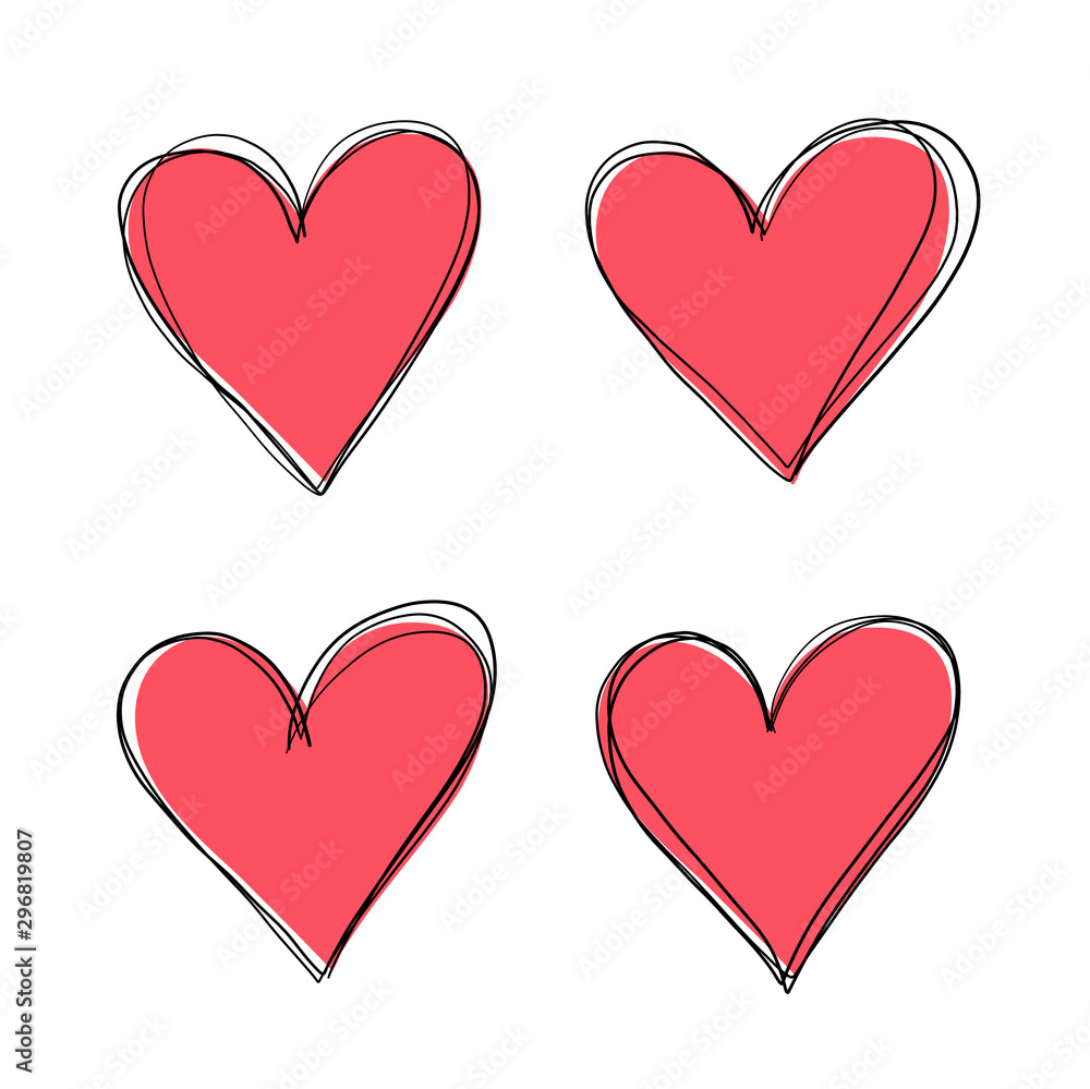 Red hearts on isolated white background. Hand drawn set of love signs. Abstract heart shapes for design. Line art creation. Colored illustration. Elements for poster or flyer. Vector Red hearts on isolated white background. Hand drawn set of love signs. Abstract heart shapes for design. Line art creation. Colored illustration. Elements for poster or flyer. Vector