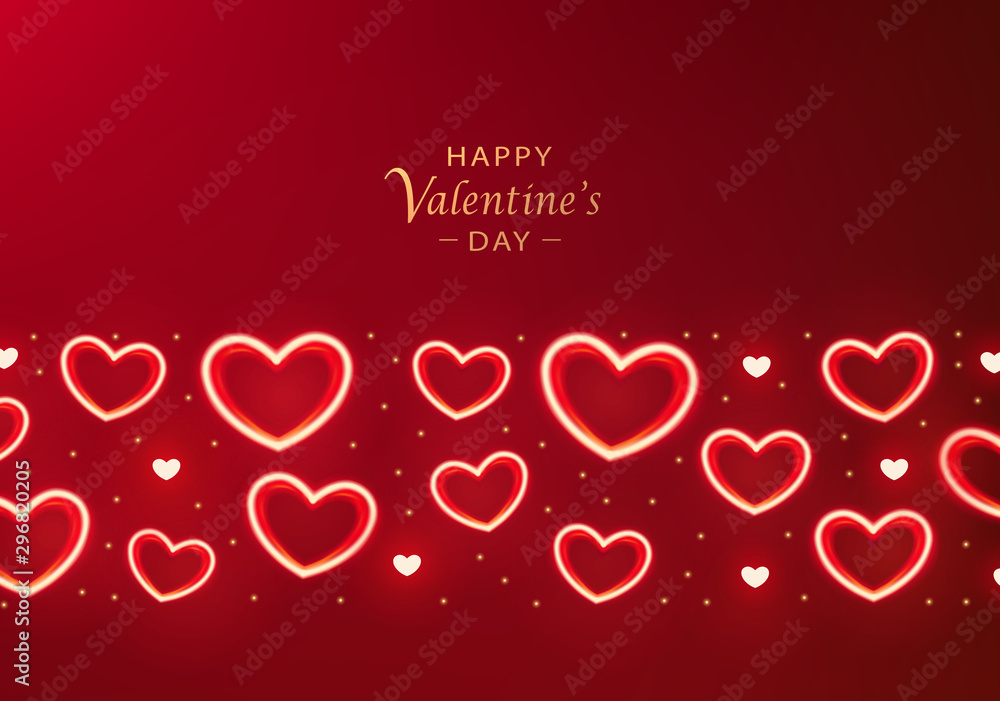 Red Happy Valentines Day Background with Border made of shiny Heart Shapes. Happy Valentines Day Greeting Card. Vector illustration. Invitation, greeting card, poster, flyer, wallpaper design.