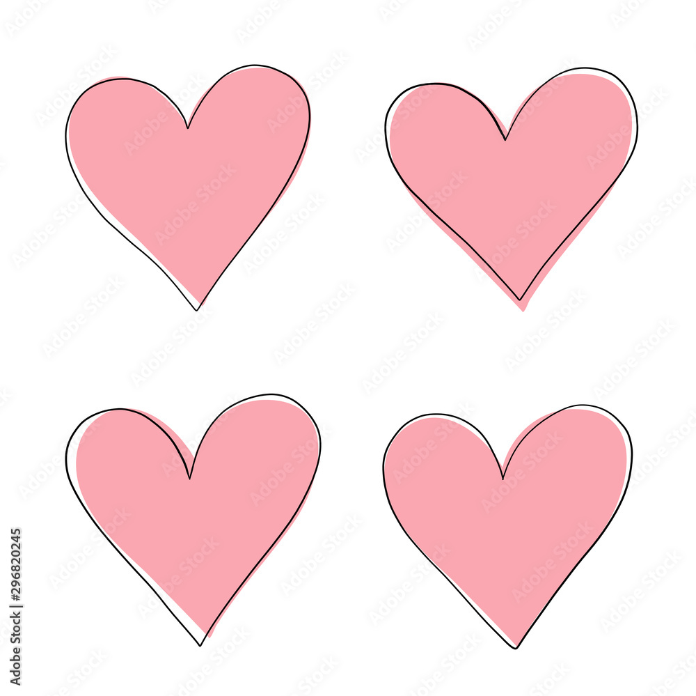 Hearts on isolated white background. Hand drawn set of love signs. Abstract heart shapes for design. Line art creation. Colored illustration. Elements for poster or flyer. Vector