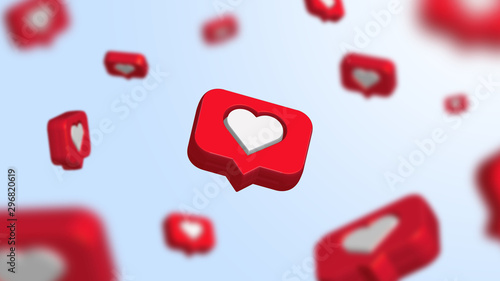 Red social media notification like icon falling . Follow, comment, like icon. - 3D Rendering  photo