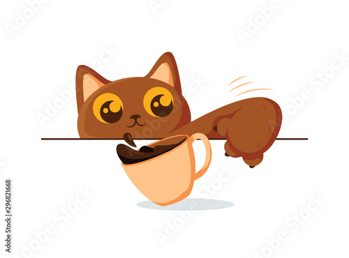 Cute brown kitten throwing coffee cup off table. Funny cat breaking things comic illustration, cartoon vector drawing.