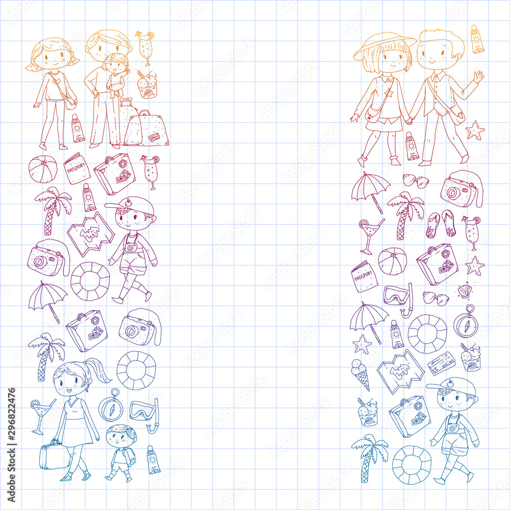 Vector pattern with travel and beach icons. Parents with little kids. Children summer vacation. Vector pattern with travel and beach icons. Parents with little kids. Children summer vacation.