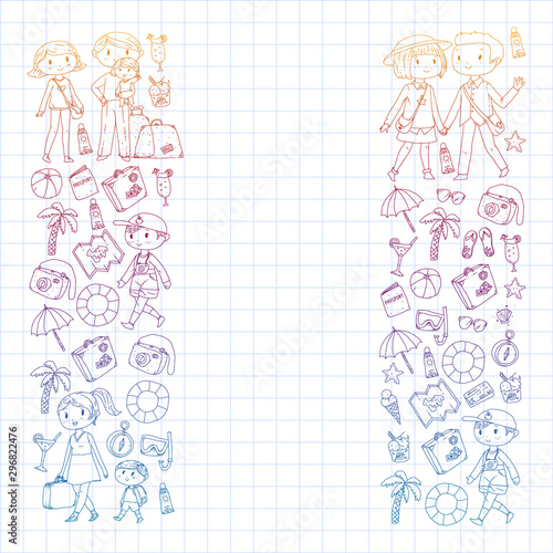 Vector pattern with travel and beach icons. Parents with little kids. Children summer vacation.