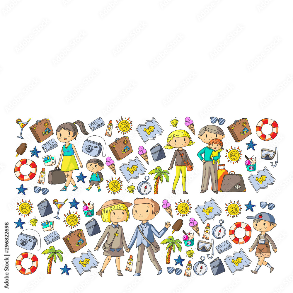 Vector pattern with travel and beach icons. Parents with little kids. Children summer vacation. Vector pattern with travel and beach icons. Parents with little kids. Children summer vacation.