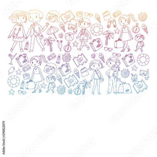 Vector pattern with travel and beach icons. Parents with little kids. Children summer vacation. © helen_f