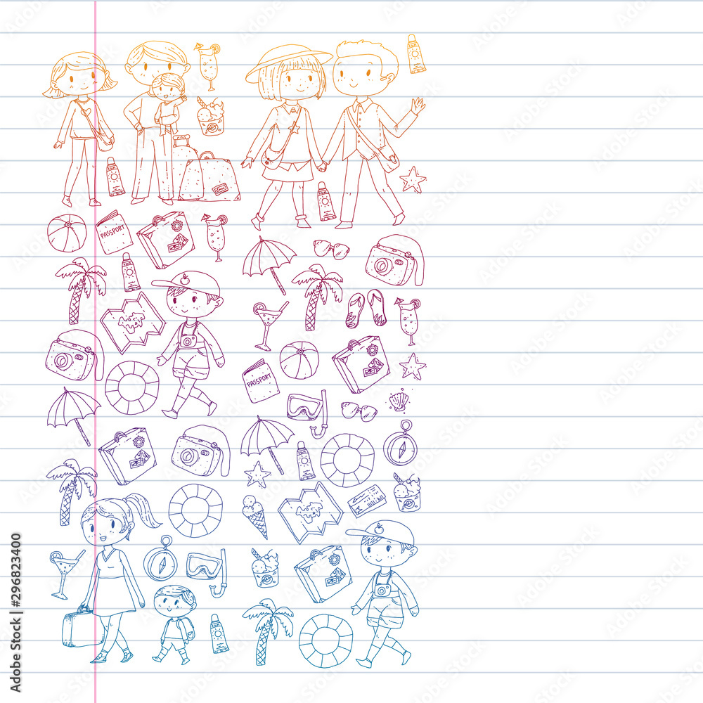 Vector pattern with travel and beach icons. Parents with little kids. Children summer vacation.