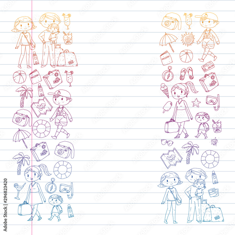 Vector pattern with travel and beach icons. Parents with little kids. Children summer vacation. Vector pattern with travel and beach icons. Parents with little kids. Children summer vacation.