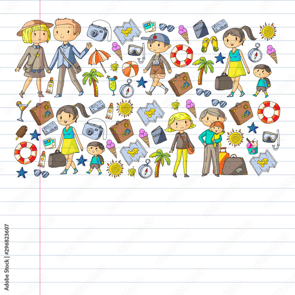 Vector pattern with travel and beach icons. Parents with little kids. Children summer vacation. Vector pattern with travel and beach icons. Parents with little kids. Children summer vacation.
