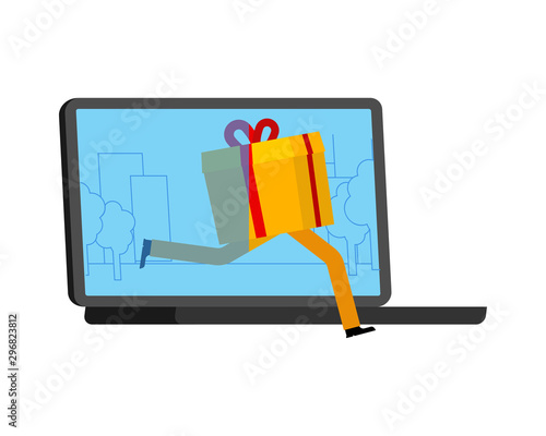 Online gift for christmas and New Year. Gifts and laptop. web present order. gift box Shop window in pc