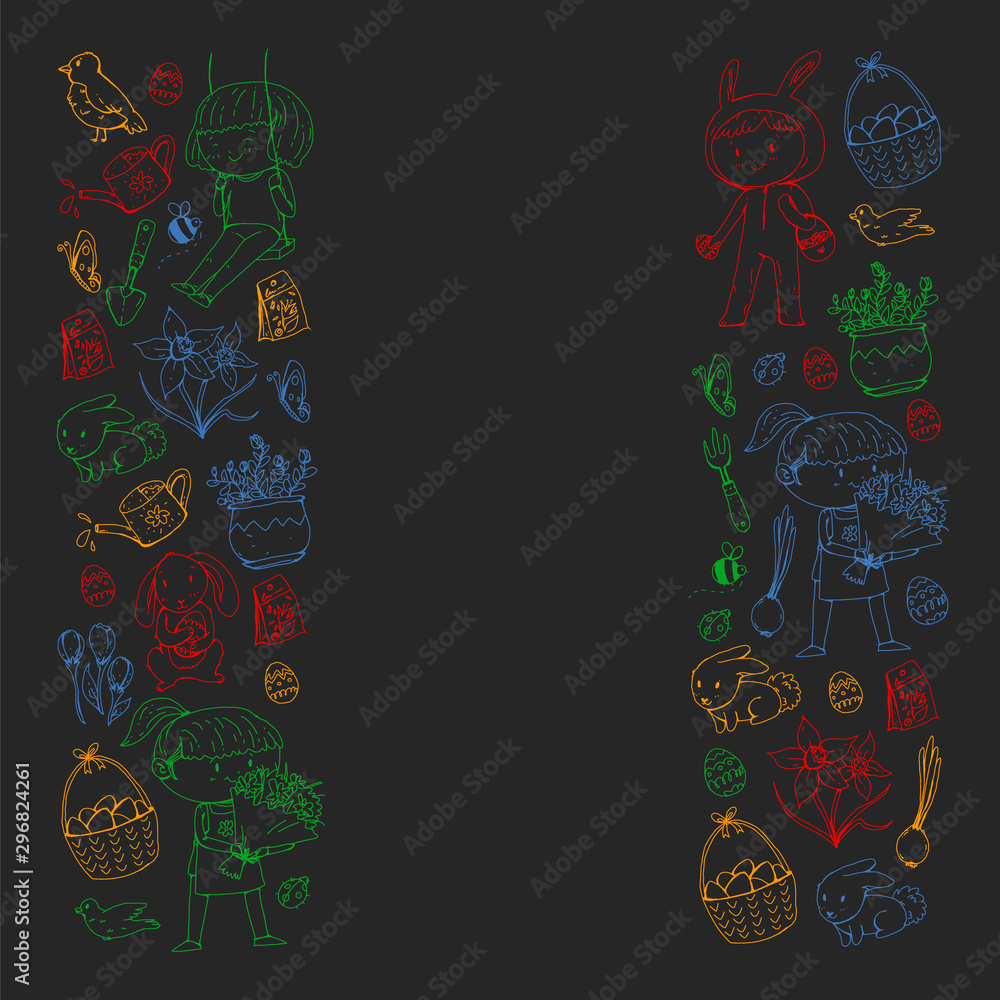 Naklejka premium Vector pattern with easter and spring elements. Eggs in basket, bunny, flowers, birds