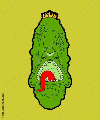 Cucumber monster GMO mutant. Genetically modified Angry Vegetable with teeth. Hungry Alien Food vector