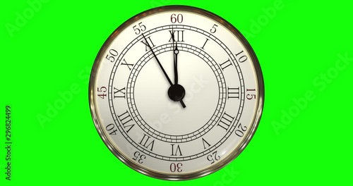 Animated clock counting down 12 hours. Green screen with matte. 3d rendered.
