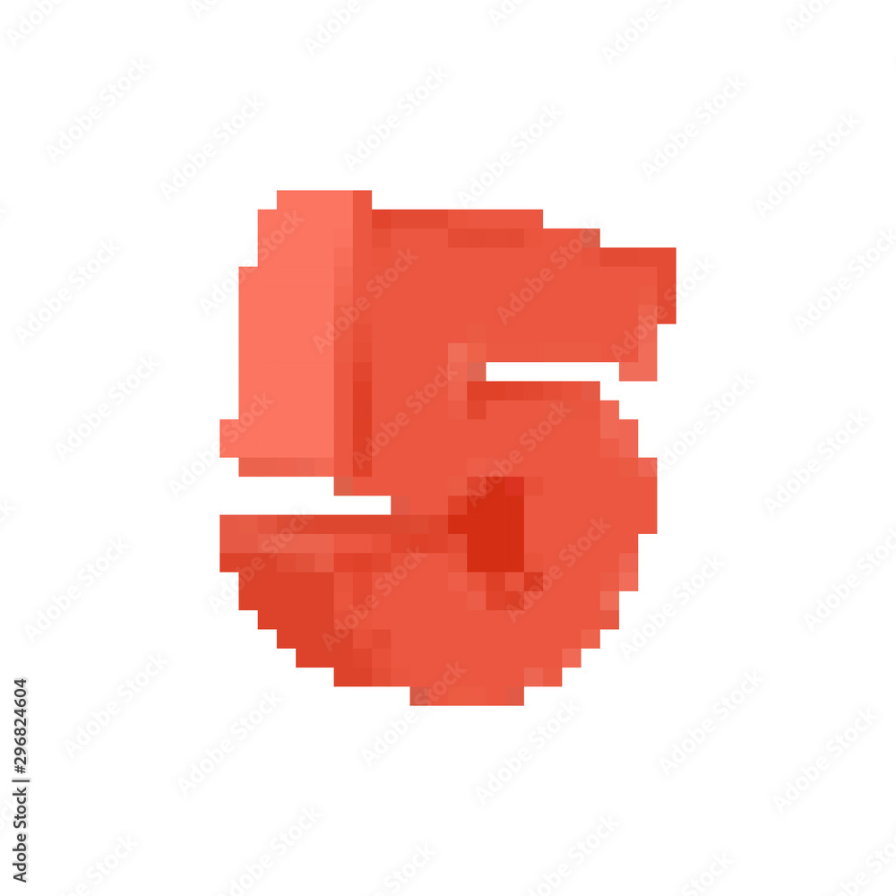 5 number pixel art. cartoon font. 8 bit Five numeral Children alphabet. Pixelate vector illustration