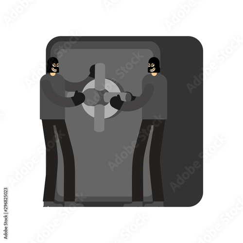 Robber open safe. Thief and money vault. Criminal vector illustration