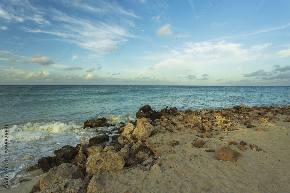 Beautiful view of coast line of Atlantic ocean on Aruba island. Gorgeous nature landscape backgrounds. Caribbean.