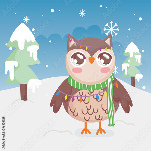 cute owl lights trees snow merry christmas