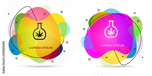 Color Chemical test tube with marijuana or cannabis leaf icon isolated on white background. Research concept. Laboratory CBD oil concept. Abstract banner with liquid shapes. Vector Illustration