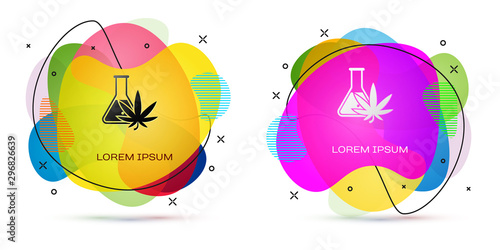Color Chemical test tube with marijuana or cannabis leaf icon isolated on white background. Research concept. Laboratory CBD oil concept. Abstract banner with liquid shapes. Vector Illustration