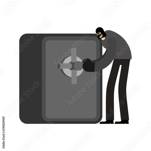 Robber open safe. Thief and money vault. Criminal vector illustration